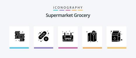 Grocery Glyph 5 Icon Pack Including pak. milk. open. cart. map. Creative Icons Design vector