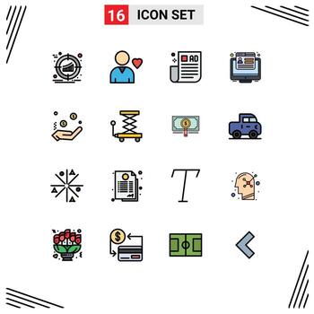 Pack of 16 Modern Flat Color Filled Lines Signs and Symbols for Web Print Media such as currency web advertising tips browser conversion Editable Creative Vector Design Elements