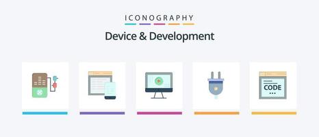 Device And Development Flat 5 Icon Pack Including code . browser. monitor. power plug. plug. Creative Icons Design vector