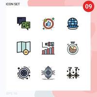 Pack of 9 Modern Filledline Flat Colors Signs and Symbols for Web Print Media such as vision modern globe long map Editable Vector Design Elements