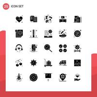 Group of 25 Modern Solid Glyphs Set for factory building bee television cupboard Editable Vector Design Elements