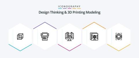 Design Thinking And D Printing Modeling 25 Line icon pack including object. globe. computer. web. brower vector