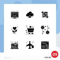 Group of 9 Solid Glyphs Signs and Symbols for add heart crop growth gratitude Editable Vector Design Elements