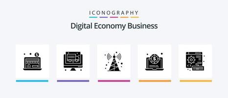 Digital Economy Business Glyph 5 Icon Pack Including . gear. tower. keyboard. digital. Creative Icons Design vector