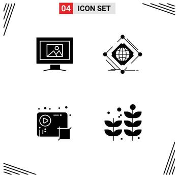 Mobile Interface Solid Glyph Set of 4 Pictograms of monitor crop complex net production Editable Vector Design Elements