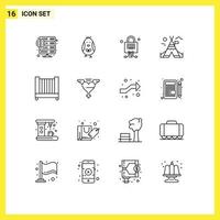 Group of 16 Modern Outlines Set for child canada happy camp technology Editable Vector Design Elements