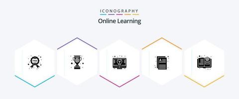 Online Learning 25 Glyph icon pack including education. pages. bulb. notes. documents vector