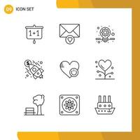 9 Creative Icons Modern Signs and Symbols of heart off marketing shutdown rocket Editable Vector Design Elements