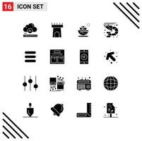 Modern Set of 16 Solid Glyphs and symbols such as list sea center food bowl Editable Vector Design Elements