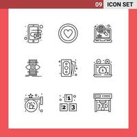 Set of 9 Commercial Outlines pack for payment cash marketing optimize success Editable Vector Design Elements