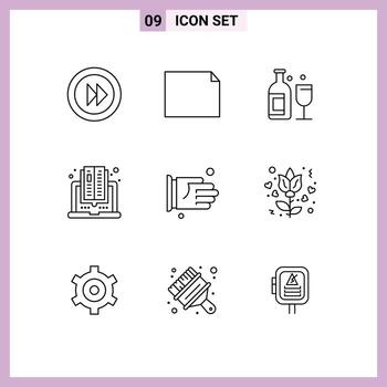 conjunto de 9 9 vector contornos en cuadrícula para acuerdo mano bar leyendo computadora editable vector diseño elementos