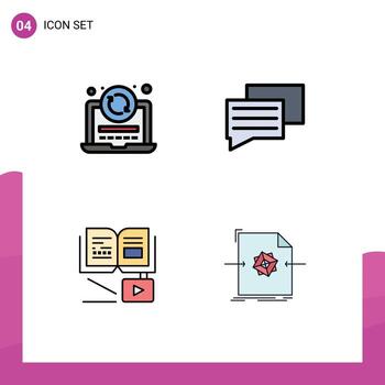 línea de relleno plano color paquete de 4 4 universal símbolos de ordenador portátil crecimiento conocimiento codificación mensaje documento editable vector diseño elementos