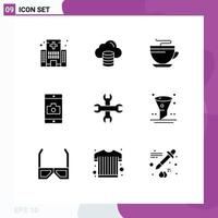 User Interface Pack of 9 Basic Solid Glyphs of options mobile application dollar mobile cleaning Editable Vector Design Elements