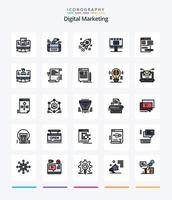 creativo digital márketing 25 línea lleno icono paquete tal como bandera. anuncio. Facebook. proyecto. negocio vector