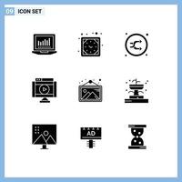 Modern Set of 9 Solid Glyphs Pictograph of gallery player mix multimedia internet Editable Vector Design Elements