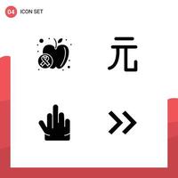 Modern Set of 4 Solid Glyphs and symbols such as apple high five food yuan arrows Editable Vector Design Elements