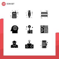 Mobile Interface Solid Glyph Set of 9 Pictograms of smart hand device bulb global Editable Vector Design Elements