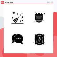 User Interface Pack of 4 Basic Solid Glyphs of broom conversation witchcraft timer bubble Editable Vector Design Elements