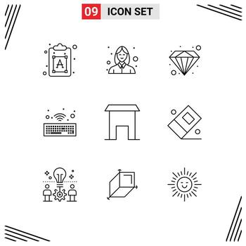 Editable Vector Line Pack of 9 Simple Outlines of shop institute building diamond building keyboard Editable Vector Design Elements