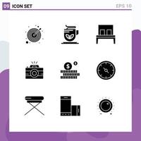 Set of 9 Vector Solid Glyphs on Grid for investment photography bed photo camera Editable Vector Design Elements