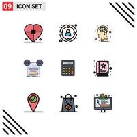 Pack of 9 Modern Filledline Flat Colors Signs and Symbols for Web Print Media such as music retro people recording intelligence Editable Vector Design Elements