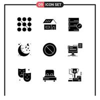 Mobile Interface Solid Glyph Set of 9 Pictograms of ban night backup moon date Editable Vector Design Elements