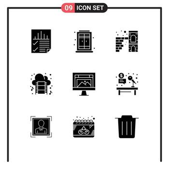 Modern Set of 9 Solid Glyphs and symbols such as computer music home movie cloud Editable Vector Design Elements