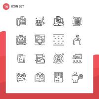 Universal Icon Symbols Group of 16 Modern Outlines of tower calculation laptop math accounting Editable Vector Design Elements