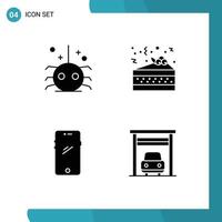 Set of 4 Commercial Solid Glyphs pack for bug mobile spider pizza iphone Editable Vector Design Elements