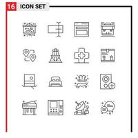 Pack of 16 Modern Outlines Signs and Symbols for Web Print Media such as pointer location menu suitcase portfolio Editable Vector Design Elements