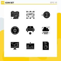 Pack of 9 creative Solid Glyphs of minus delete bitcoin car halloween Editable Vector Design Elements