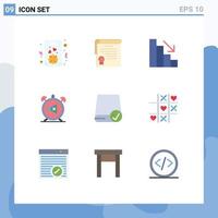 Group of 9 Flat Colors Signs and Symbols for connected sound analytics off clock Editable Vector Design Elements