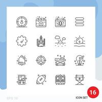 Pack of 16 Modern Outlines Signs and Symbols for Web Print Media such as build patterson date text list Editable Vector Design Elements