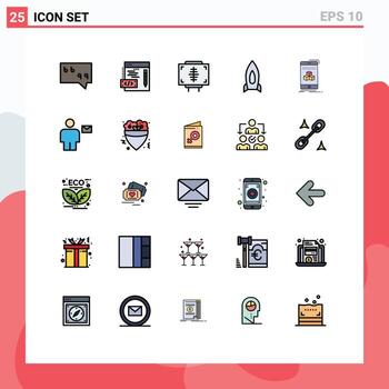 móvil interfaz lleno línea plano color conjunto de 25 pictogramas de cubo viaje formar puesta en marcha astronave editable vector diseño elementos