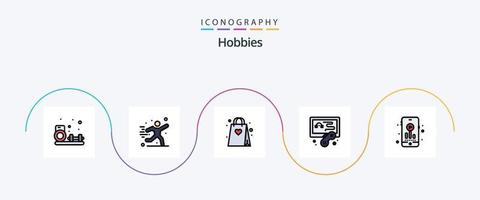 Hobbies Line Filled Flat 5 Icon Pack Including hobby. mp audio. shopping. game. hobbies vector