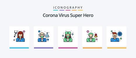 corona virus súper héroe línea lleno 5 5 icono paquete incluso farmacéutico. masculino. farmacéutico. masculino. profesor. creativo íconos diseño vector