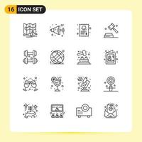 Modern Set of 16 Outlines Pictograph of medical fitness report dumbbell digital Editable Vector Design Elements