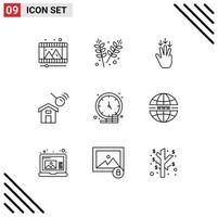 Set of 9 Vector Outlines on Grid for coin search finger house city Editable Vector Design Elements