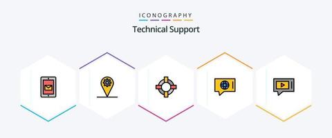Technical Support 25 FilledLine icon pack including video. chat. help. service. world vector