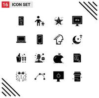 Group of 16 Solid Glyphs Signs and Symbols for device display kid aspect ratio star Editable Vector Design Elements