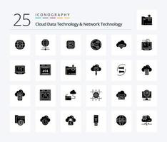 Cloud Data Technology And Network Technology 25 Solid Glyph icon pack including network. signal. share. wifi. cloud vector