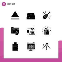 Set of 9 Vector Solid Glyphs on Grid for bag hobbies musical gardening protection Editable Vector Design Elements