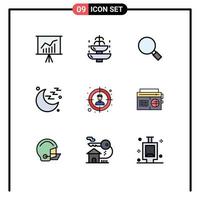 Modern Set of 9 Filledline Flat Colors Pictograph of target sign tourist moon search Editable Vector Design Elements