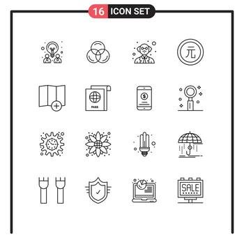 Group of 16 Modern Outlines Set for new location professor value currency Editable Vector Design Elements