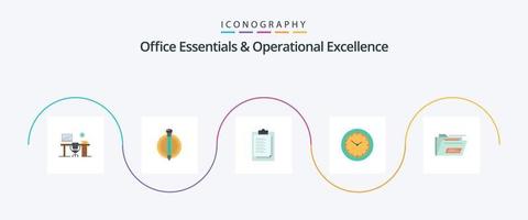 Office Essentials And Operational Exellence Flat 5 Icon Pack Including folder. minutes. graduate. watch. presentation vector
