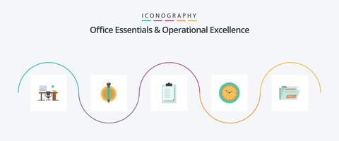 Office Essentials And Operational Exellence Flat 5 Icon Pack Including folder. minutes. graduate. watch. presentation vector