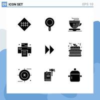 Universal Icon Symbols Group of 9 Modern Solid Glyphs of video forward tea control fast print Editable Vector Design Elements