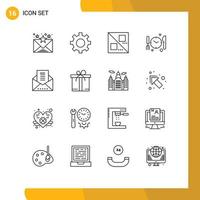 Universal Icon Symbols Group of 16 Modern Outlines of gift message envelope design email document time Editable Vector Design Elements