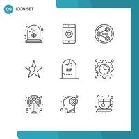 Universal Icon Symbols Group of 9 Modern Outlines of halloween gravestone social grave star Editable Vector Design Elements