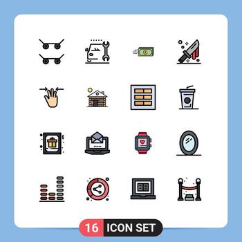 Pack of 16 Modern Flat Color Filled Lines Signs and Symbols for Web Print Media such as mobile gestures flow knife cut Editable Creative Vector Design Elements